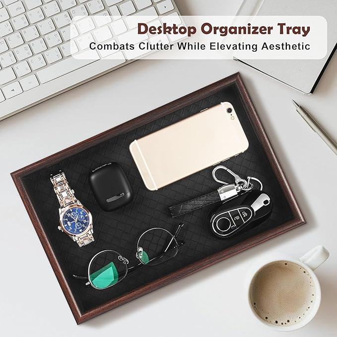Zosenley Wooden Valet Tray with Leather Base - Nightstand Catchall Organizer for Cologne, Perfume, Keys, Wallet, Phone, Watch, Jewelry & Sunglasses (2Pcs Black)