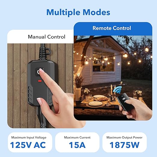 BN-LINK Outdoor Remote Control Outlet Plug Black,Indoor Wireless Outlet Switch Weatherproof Heavy Duty 15A 3-Prong 6-inch Cord 100Ft Range (Battery Included)