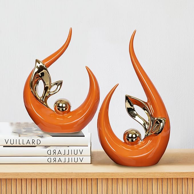 2 PCS Orange Gold Home Decor Accent Ceramic Statue Abstract Sculptures Centerpieces Mid Century Modern Decor for Tables Coffee Table top Decorations for Living Room Desktop Shelf Dining Room Kitchen