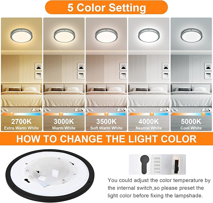 12 Inch Round Black Ceiling Light Fixture for Living Room - 12” Black LED Flush Mount Ceiling Lamp 2700K/3000K/3500K/4000K/5000K LED Kitchen Bathroom Light