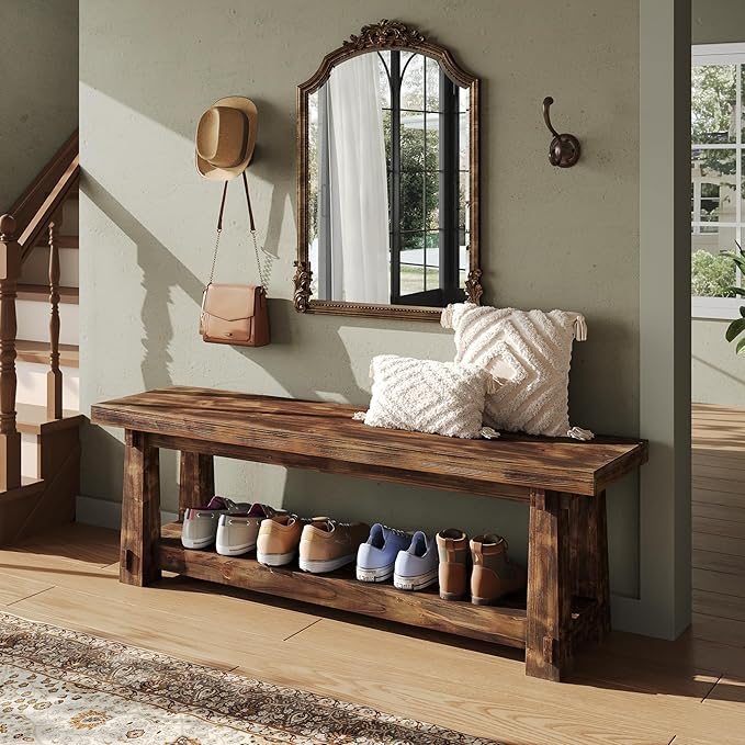 55" Solid Wood Entryway Bench with Shoe Storage, Rustic Charred Wood Grain Foyer Bench with Open Shelf for Hallway, Mudroom, Bedroom, Easy Assembly
