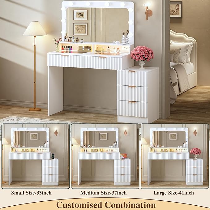 Fluted Vanity Desk with Mirror and Lights, Makeup Vanity Desk with Glass Top, Nightstand & Fluted Panel Design, 5 Drawers, 3 Colors Lighting Adjustable Brightness, Power Outlet, White
