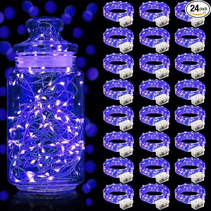 Aogist 24 Pack Fairy Lights 3 Modes 7ft 20 LED Waterproof,Battery Operated Silver Wire Firefly Starry Moon Mini String Lights for Mason Jars Christmas DIY Crafts Wedding Party Bedroom,Blue