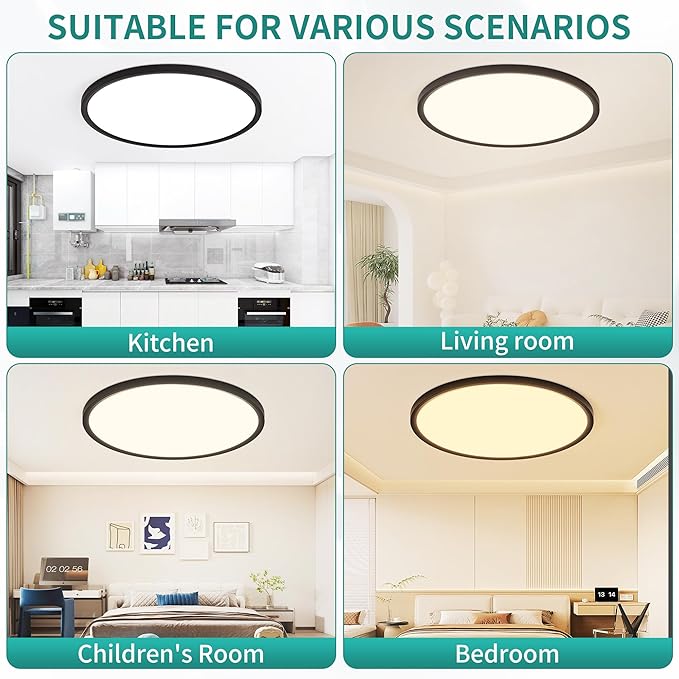 24 Inch LED Flush Mount Ceiling Light,56W Ultra-Thin Modern Round Light Fixture with Remote,Dimmable 3000K-6000K,Black,5600LM,Memory & Night Light Mode for Bedroom, Kitchen,Living Room