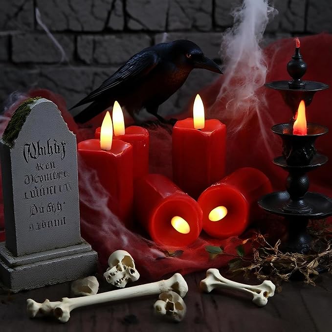 Battery Operated Plastic Flameless LED Drip Pillar Candle with Cycling Timer, Red Flickering Realistic Electric Light for Christmas Halloween Indoor Home Dinner Party Centerpiece Fireplace Decor 6Pcs