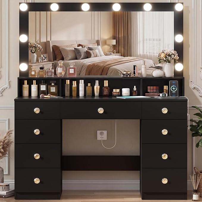 Vanity Desk with Large Lighted Mirror, Makeup Vanity with Power Outlet, 9 Drawers & Storage Shelf, Dressing Vanity Table with 3 Lighting Modes for Women, Girls, Bedroom