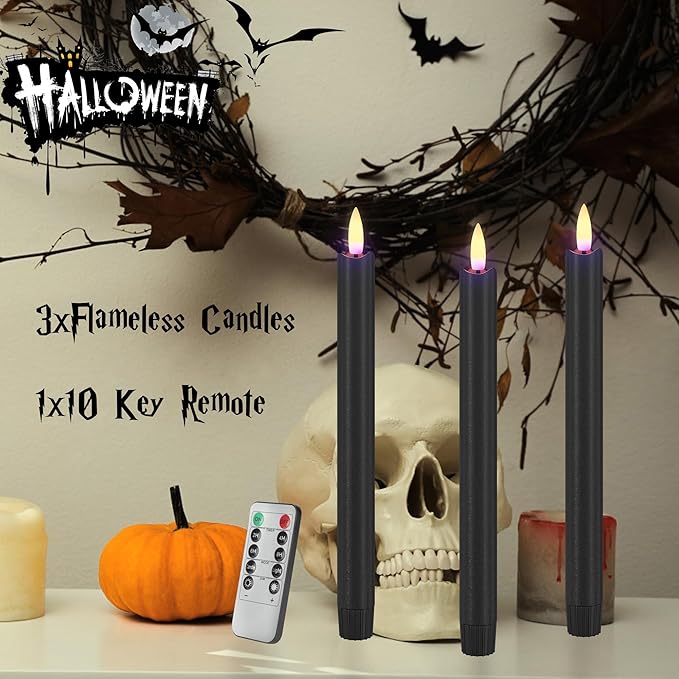 Black Flameless Taper Candles with Remote, 9.6" Halloween Battery Operated Candles 3D Wick, 3 Pack Real Wax Led Candlesticks Flickering Electric Candle for Halloween, Home, Party Decor