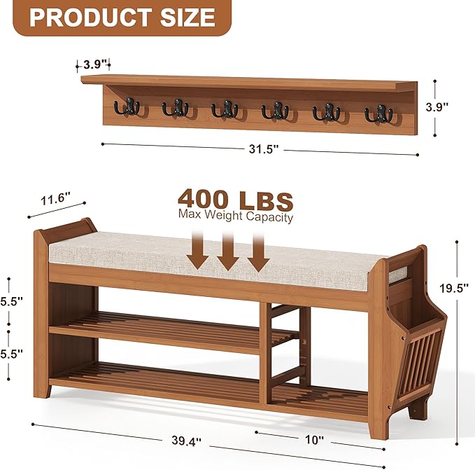 39.4" Shoe Bench with Coat Rack Hidden Drawer and Side Holder, 2 Tier Entryway Bench with Storage, Bamboo Shoe Rack with Cushion for Entryway Hallway Living Room Bedroom