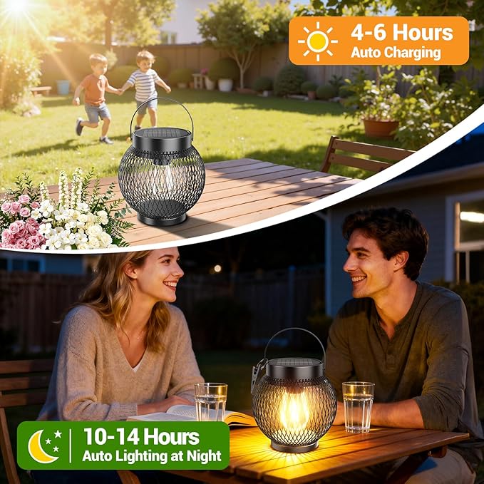 Solar Lanterns Outdoor Waterproof, Upgraded Hanging Solar Lights for Outside, Metal Solar Hanging Lanterns with Clip, Solar Powered Lantern for Patio Porch Garden Decor, 2 Pack