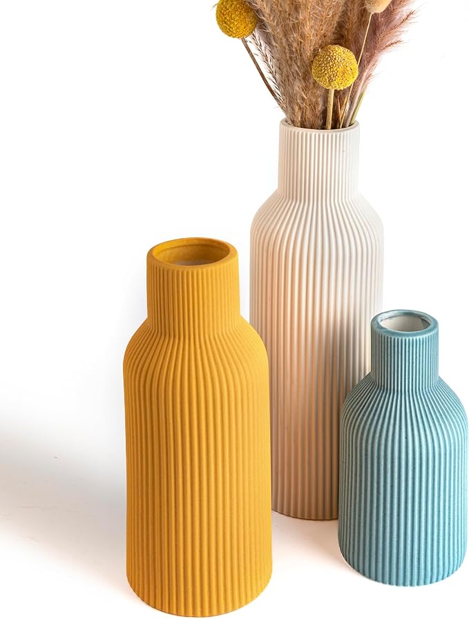 Colorful Ceramic Vases Set of 3 (White, Yellow, Blue) - Modern Matte Ribbed Color-Block Vases for Dried Flowers - Scandi Boho Decor Centerpieces for Living Room & Shelf