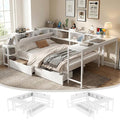 Queen Corner Bed Frame with Desk, LED Lights & Charging Ports, L-Shaped Daybed with Storage Drawers, Bookcase & Open Shelves, Modern Full Size Daybed for Kids, Teens & Compact Bedrooms,White