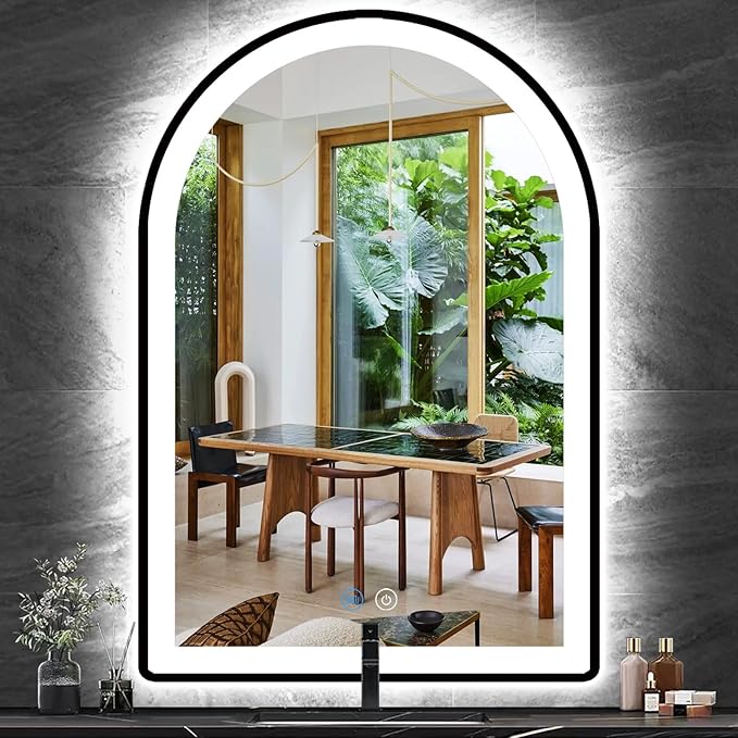 38 x 26 Inch Black LED Arch Mirror with Lights Black Frame Arched LED Vanity Mirror for Bathroom Wall Makeup Desk Black Framed Arch Lighted Mirror 3Color AntiFog 38" Arch Smart Light up Mirror