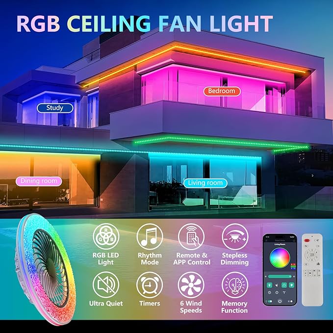 20" Modern LED Ceiling Fan Light, Smart Bladeless Ceiling Fans with Lights and Remote, RGB Bluetooth Fan Chandelier for Bedroom,Living Room, Office (23)
