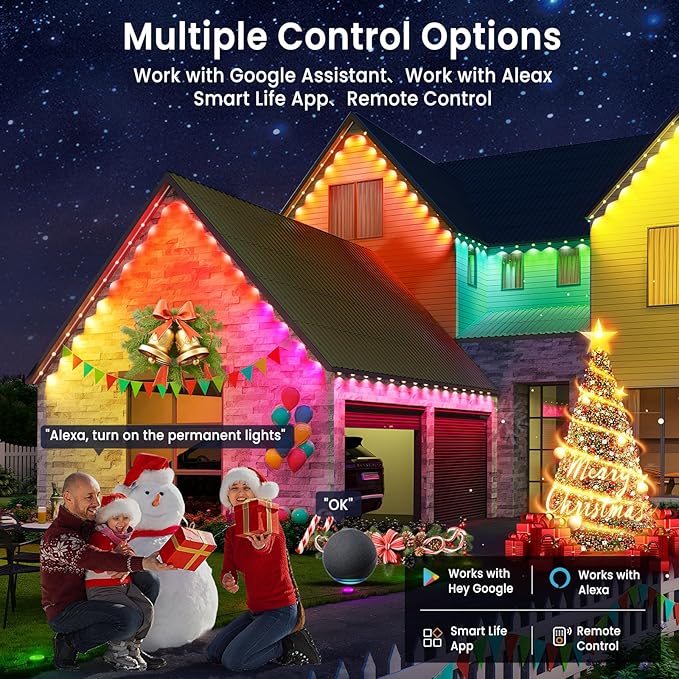 Smart Permanent Outdoor Lights for House, IP67 Waterproof with 54 Scene, 50ft RGB+IC LED House Lights Outdoor All Year, for Halloween Christmas Work All Holiday Decor, Work with Google Assistant,Alexa