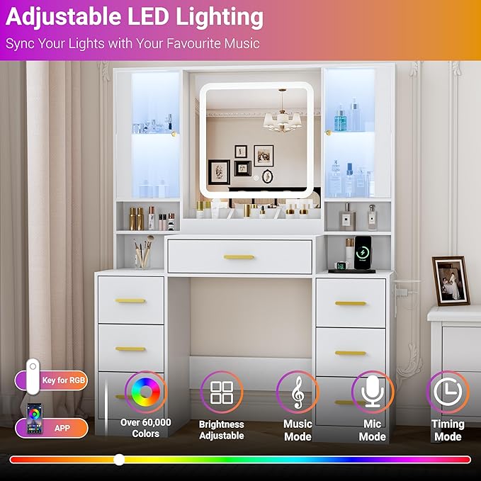 Vanity Desk with Mirror and Lights, Makeup Vanity with 7 Drawers, 2 Glass Door Cabinets, Charging Station, Adjustable Shelves, RGB Lighting, Hair Dryer Holder