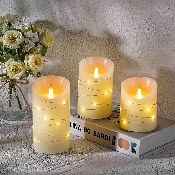 Ivory White Rechargeable Flameless LED Candles 3Pcs (4/5/6") Real Wax with String Lights, Remote & Timer, Safe Realistic 3D Flame for Spring Decor, Easter, Home & Bedroom