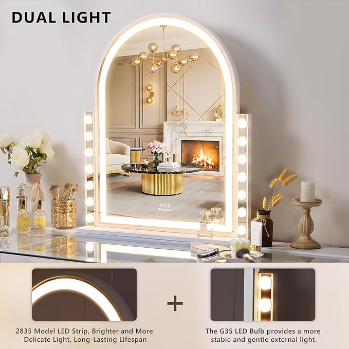 FENCHILIN Arched Vanity Mirror with Lights, 32“ x 26" LED Makeup Hollywood Vanity Mirror with 14 Dimmable Bulbs& LED Strip Smart Touch Control Detachable 10X Magnification White