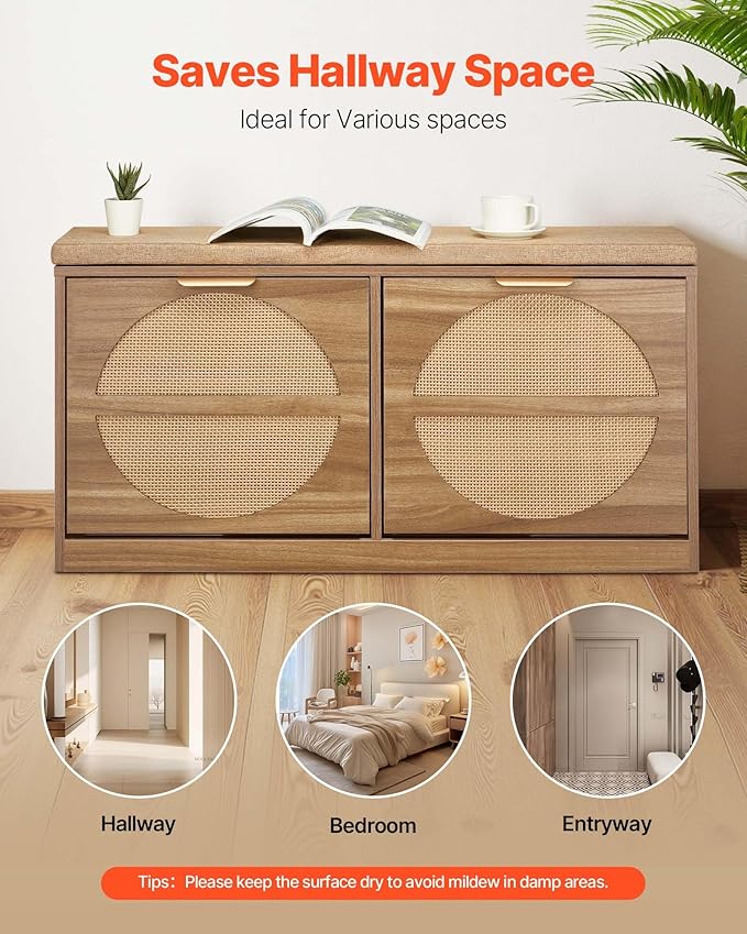 VEVOR Shoe Storage Bench, Rattan Entryway Bench with Coat Rack & Padded Cushion, Shoe Cabinet Holds up to 440 lbs, 38.9x 9.4x19.7 Inche for Hallway, Living Room, Bedroom