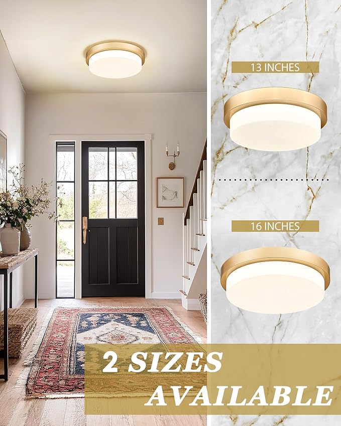 Gold Flush Mount Ceiling Light, 16inch Close to Ceiling Light Fixtures 36W 3300lm Dimmable 3000K/3500K/4000K/5000K/6000K Brass LED Ceiling Lamp for Bedroom Hallway Kitchen, AD-22008-L16-GD