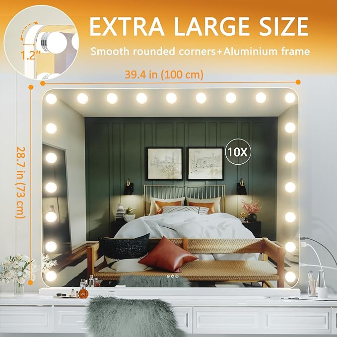 Hasipu Vanity Mirror with Lights, 40" x 29" Hollywood Mirror, Makeup Mirror with 21 Dimmable Bulbs and 10X Magnification, 3 Colors Modes, Touch Control, USB Charging Port, Type-C (Round White)