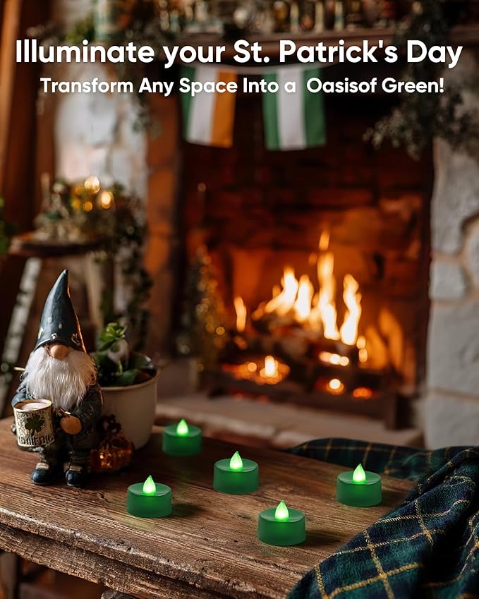 Amagic 30 Pcs Green Flickering Flameless Tea Lights Battery Operated, 200+ Hours Long Lasting Colored Candles for Party, St. Patrick, Table Centerpiece, Home Decor, Mardi Gras, Halloween, Christmas
