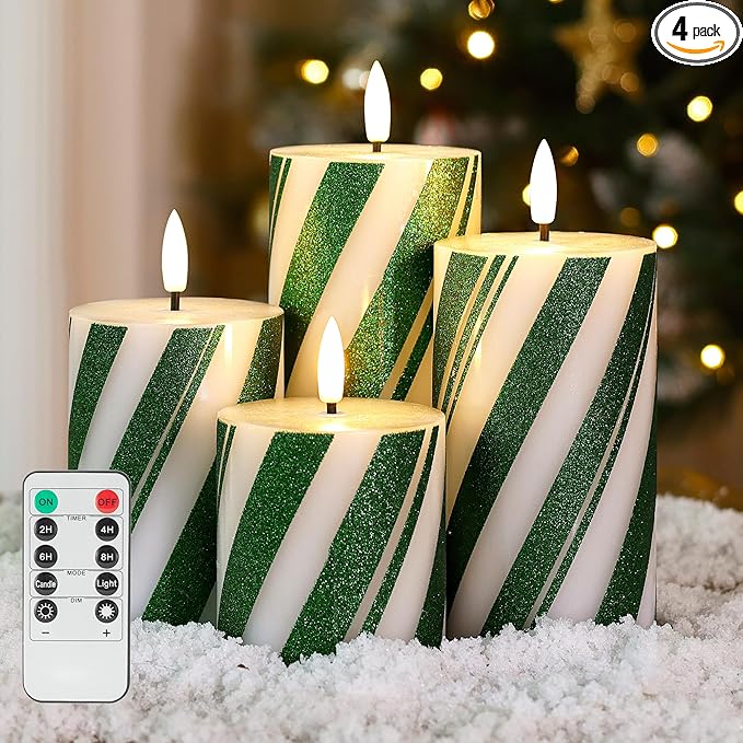 Green Striped Flameless Pillar Candles with Remote Set of 4, Battery Operated Real Wax LED Candy Cane Candles, Perfect for Christmas Window, Dinner & Holiday Xmas Decor