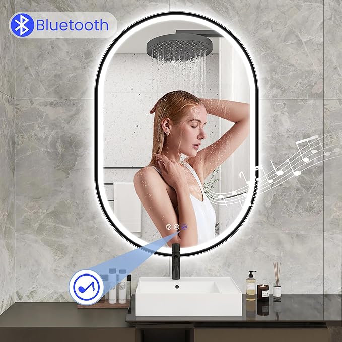 STARLEAD 24"x36" Black Frameless Oval LED Bathroom Mirror with Bluetooth Speaker, Dimmable Lighting, 3 Color Modes, Anti-Fog, Touch Control Wall Mounted Vanity Mirror