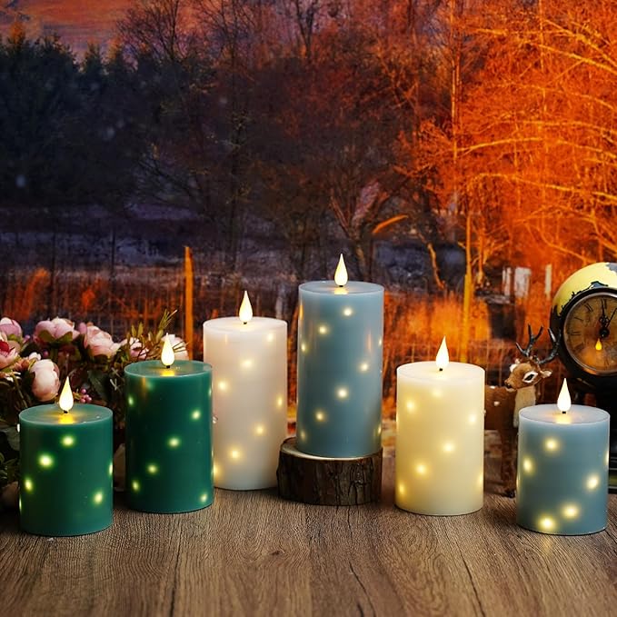 Flameless Candles with Embedded Star String, Real Wax Battery Operated Candles with Remote Timer, Flickering Pillar LED Candle Set for Home Decor Romantic Ambiance （Grey）