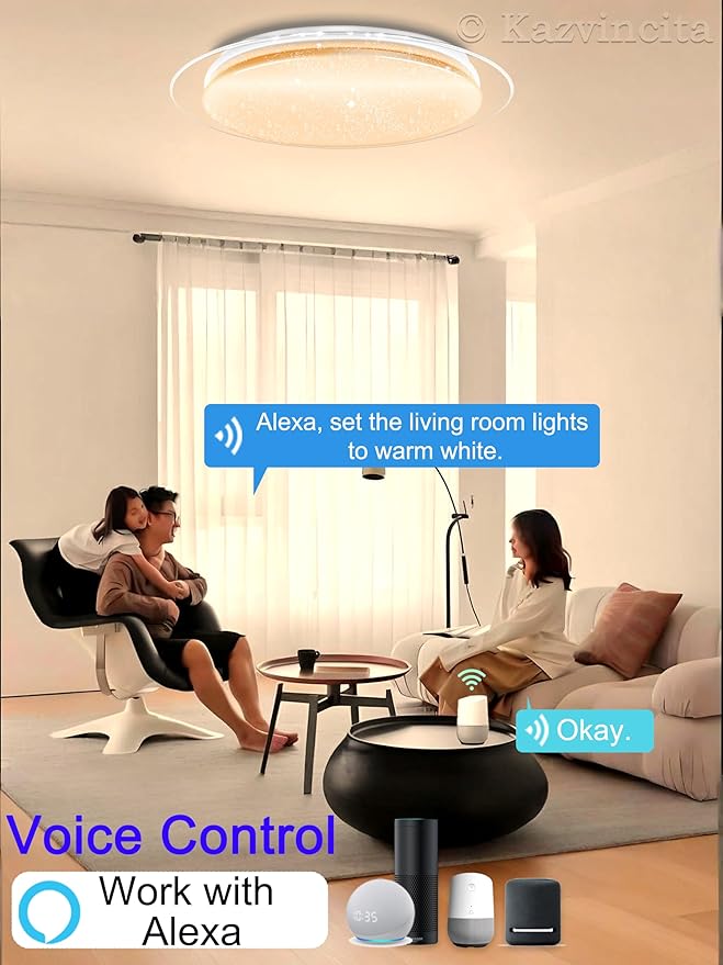 Dimmable Round LED Ceiling Light Flush Mount 15 Inch 40W Built-in Bluetooth Speaker Modern Lighting Fixtures RGB Ambient Ceiling Lamp Suitable for Bedrooms Kitchen Kids' Rooms and More