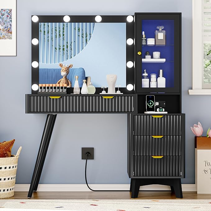 Fluted Vanity Desk with Mirror and Lights, 45" Glass Top Makeup Table Set with 5 Drawers, Power Outlet & Storage Cabinet, Large Dressing Table with RGB Ambient Light for Bedroom Women Girls, Black