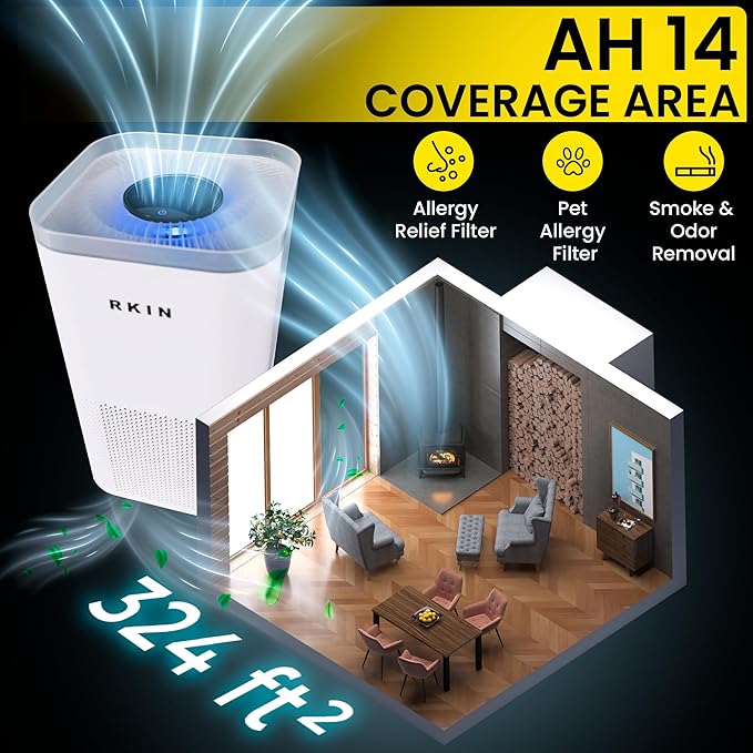 HEPA 14 Smart Air Purifier – Large Room Air Purifier with PM2.5 Monitor, WiFi & App Control for Pet Hair, Odors, Pollen & Smoke for Home, Covers Up to 324 Ft², Auto, Turbo, and 29.5db Sleep modes