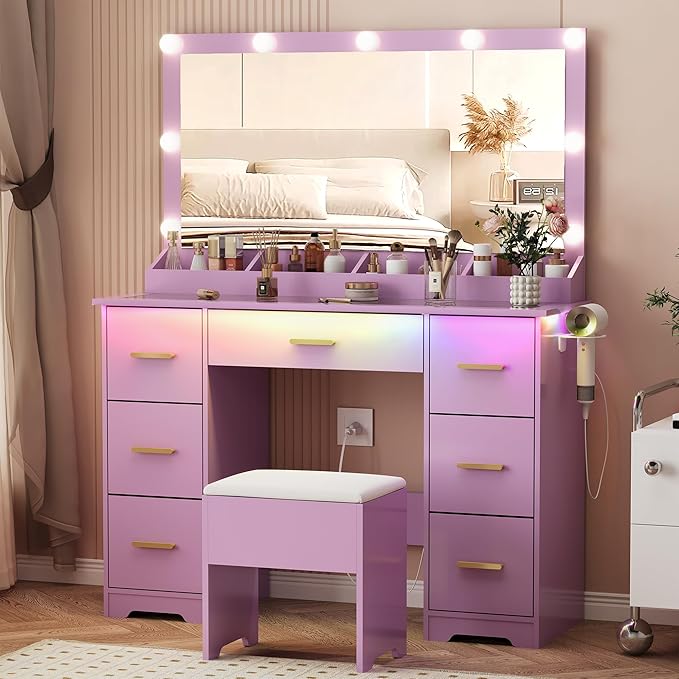 44" Vanity Desk with 38" Large Mirror and 9 LED Lights & Glass Top and Power Outlet, Makeup Vanity Set with 7 Drawers & Chair and RGB Ambient Light, Dressing Table for Bedroom, Modern Purple