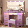 44" Vanity Desk with 38" Large Mirror and 9 LED Lights & Glass Top and Power Outlet, Makeup Vanity Set with 7 Drawers & Chair and RGB Ambient Light, Dressing Table for Bedroom, Modern Purple