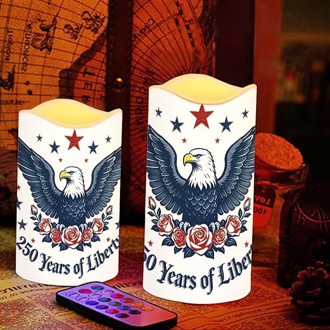 American Flag Flameless Candles 250th Anniversary Bald Eagle LED Battery Operated Remote Control Fourth of July Flickering Patriotic Decor for Independence Day Home Outdoor, 4 Pack
