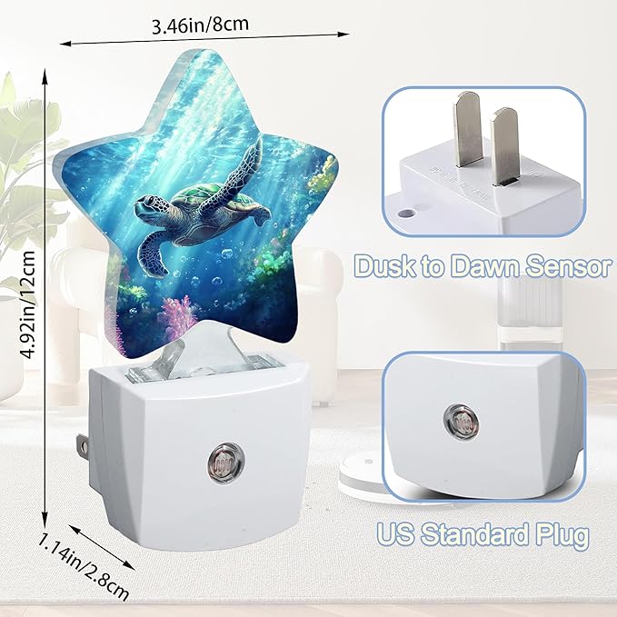 Night Light,Cute Sea Turtle Plug into Wall with Dusk to Dawn Light Sensors,Beach Ocean Coral Warm Star Nightlights for Bedroom,Bathroom,Hallway,Kitchen Home Decor Desk Lamp
