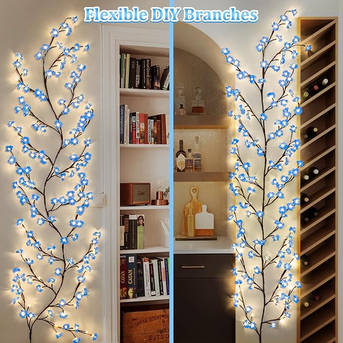 7.55 FT 144 LED Blue Cherry Enchanted Willow Vine Lights,Cherry Blossom Light with Remote Timer,8 Lighting Modes,LED Tree Branch Lights for Wall,Cherry Blossom Wall Decor for Bedroom Living Room