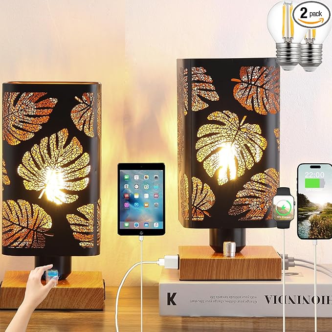 Industrial Table Lamp Sets of 2 with USB Ports and Outlet, Rustic Dimmable Bedside lamp with Charging Station, Metal Square Shadow Nightstand Lamp for Bedroom Living Room End Tables