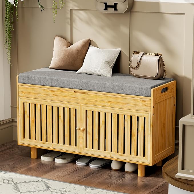 35.4in Shoe Storage Bench, Bamboo Entryway Bench with Lift Top Storage & Padded Seat Cushion, 2-Tier Shoe Rack Cabinet with 2 Doors for Entryway, Living Room, Bedroom, Mudroom, Natural