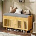 35.4in Shoe Storage Bench, Bamboo Entryway Bench with Lift Top Storage & Padded Seat Cushion, 2-Tier Shoe Rack Cabinet with 2 Doors for Entryway, Living Room, Bedroom, Mudroom, Natural