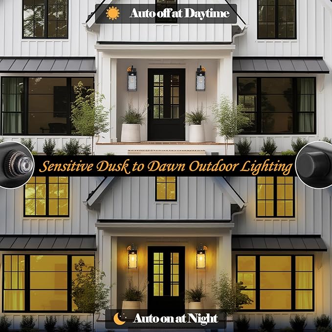 2-Pack Dusk to Dawn Outdoor Lighting with Water Ripple Glass, IP65 Waterproof Matte Black Front Porch Lights Photocell Sensor Exterior Light Fixtures Outdoor Wall Sconces Coach Lights