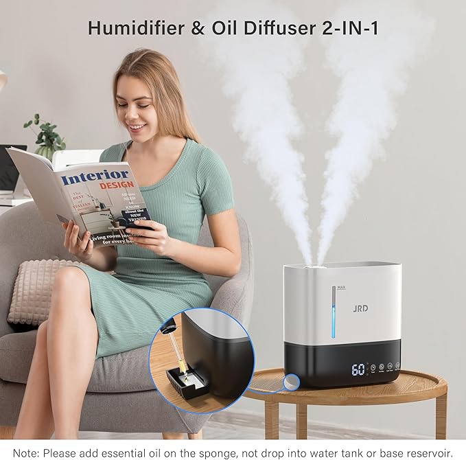 JRD Humidifiers for Bedroom, Ultrasonic Humidifier 4L for Large Room, Cool Mist Top-Fill, 40H Run, 12H Timer, 360° Nozzle, Aroma Diffuser, 7-Color Night Light for Home, Office, Baby(White)