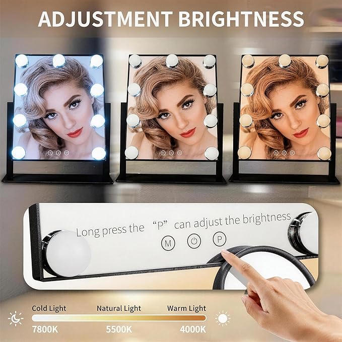 Makeup Vanity Mirror with Lights 13.77"x 11.81" LED Makeup Mirror Detachable 10X Magnification, Hollywood Make Up Mirror with Lighting, Smart Touch, Rechargeable,360° Rotation, (Black)