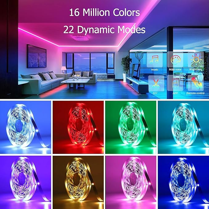 MIHEAL Led Strip Lights 32.8ft 5050 RGB LEDs Color Changing Lights Strip for Bedroom, Desk, Home Decoration, with Remote and 12V Power Supply