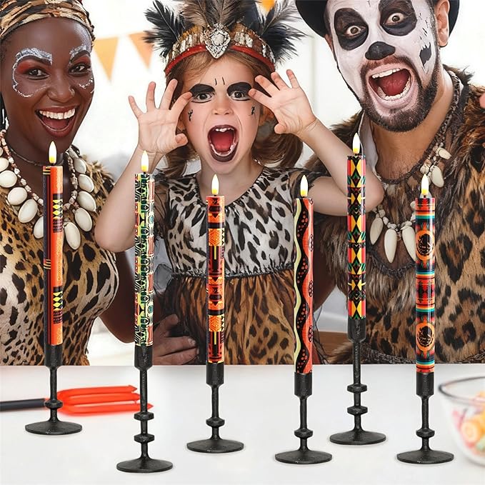 African LED Candles Flameless Candlesticks-6pcs Timer Traditional Tribal Battery Operated Candle Remote Floral LED Taper Candles Lights for Home Wedding Party Dinner Windows Decor-P6AFRI