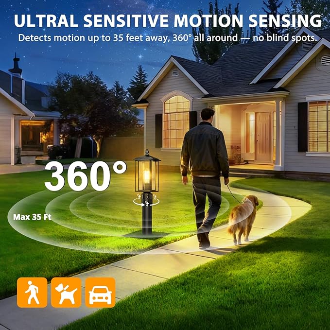 17" Motion Sensor Outdoor Post Lights, Dusk to Dawn Lamp Post Light Fixture with Tempered Glass, Waterproof Aluminum Pole Lights Outdoor, Outside Lamp Posts Outdoor Lighting for Garden Yard Pathway