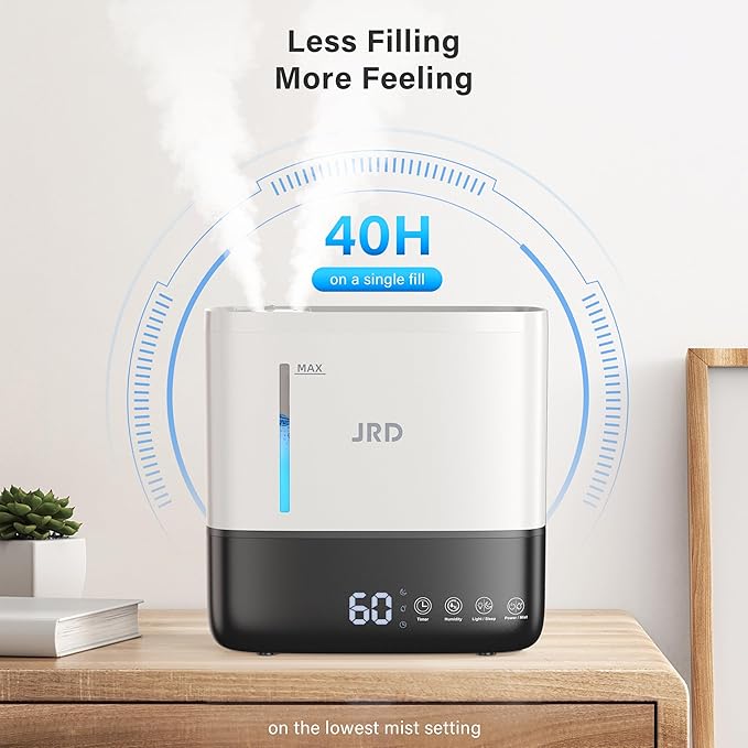 JRD Humidifiers for Bedroom, Ultrasonic Humidifier 4L for Large Room, Cool Mist Top-Fill, 40H Run, 12H Timer, 360° Nozzle, Aroma Diffuser, 7-Color Night Light for Home, Office, Baby(White)