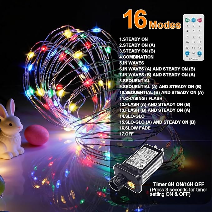 LAMPHOME Easter Fairy Lights Plug in, 33Ft 100 LEDs Waterproof Twinkle Firefly Lights, Adaptor Included, Starry Multicolor String Lights for Wedding Indoor Outdoor Christmas Patio Garden Decoration