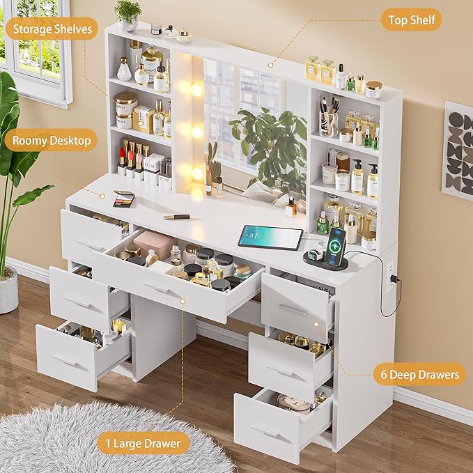 Vanity Desk with Mirror and LED Lights, Large Vanity with 7 Drawers and 6 Shelves, Makeup Vanity Dressing Table with Charging Station for Girls, Women (White)