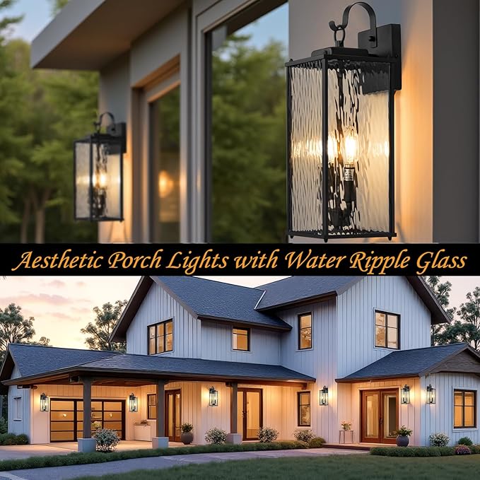 18 Inch Large Outdoor Light Fixture with 2-Light Candelabra, 1-Pack Water Ripple Glass Exterior Lighting Fixture IP65 Waterproof Outdoor Wall Lantern Outside Lamp Carriage Porch Light, E12