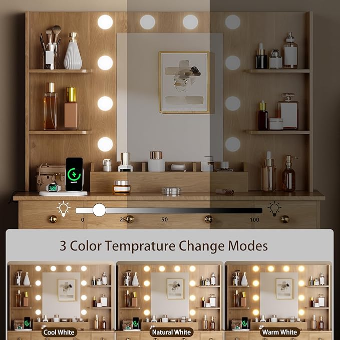 Vanity Desk with Mirror and Lights, Makeup Vanity with Mirror and LED Lights & Power Outlet, 3 Drawers and Cabinets, 3 Lighting Modes Dressing Table Set for Girls Women Bedroom,Oak